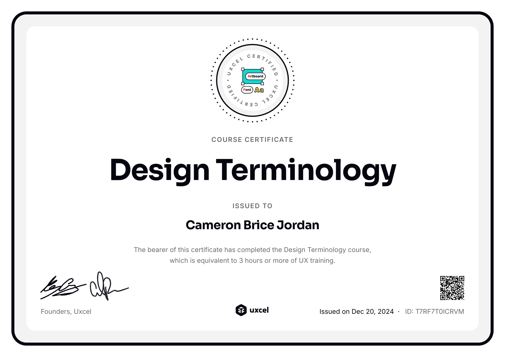Cameron Brice Jordan's certificate